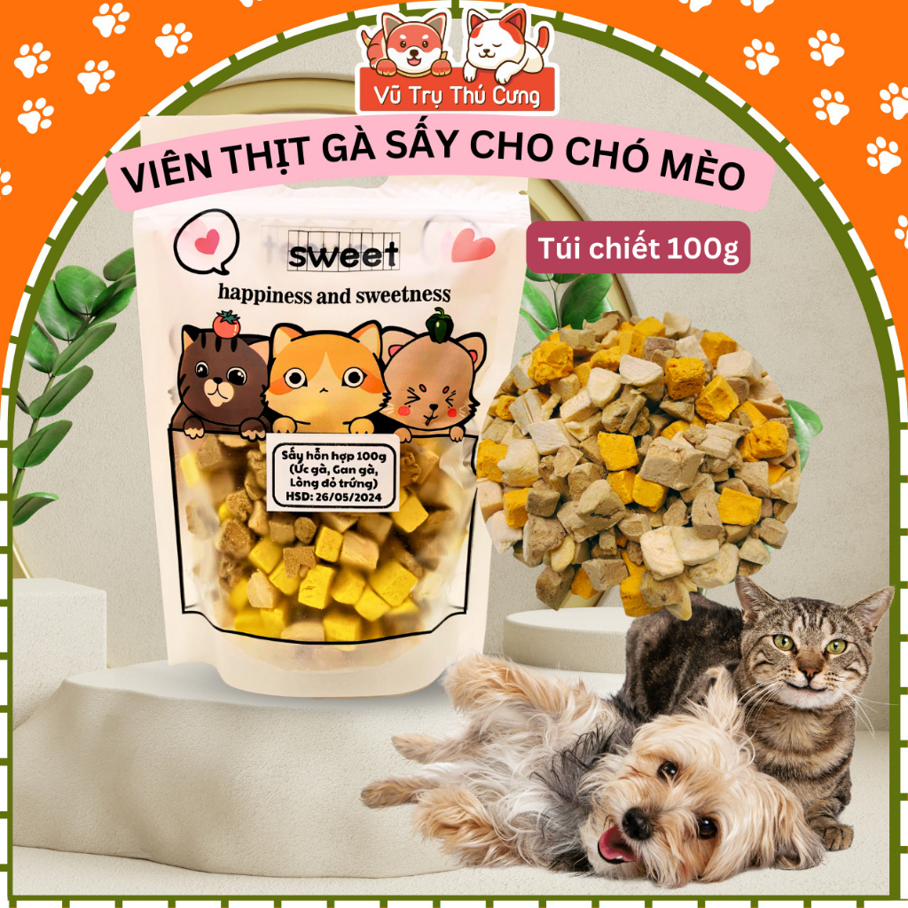 Thịt gà sấy hỗn hợp cho Chó mèo kén ăn 100g, Đồ sấy khô cho thú cưng