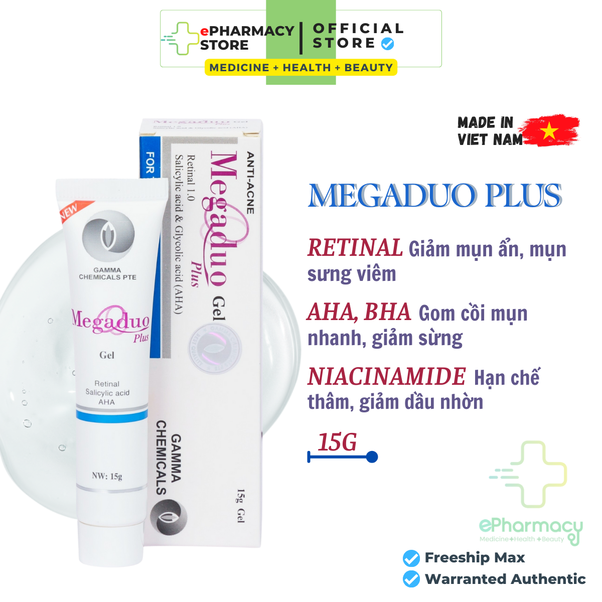 MEGADUO PLUS Retinal - Gel Megaduo plus giảm mụn giảm thâm sẹo dưỡng da 15g