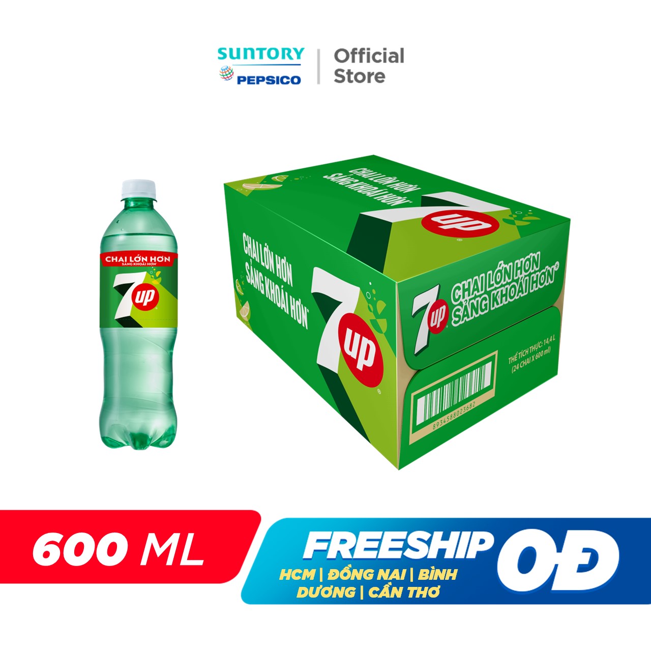 Thùng 24 Chai Nước Ngọt Giải Khát Có Gaz 7Up 600ml chai