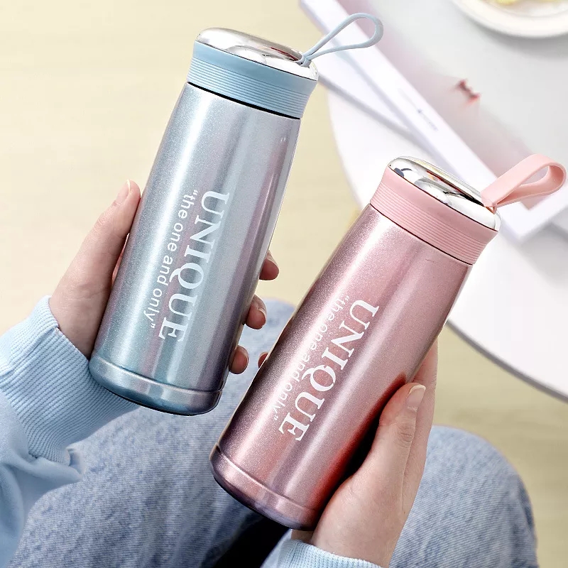 Bình uống nước giữ nhiệt 360 ml inox 304 màu nhũ rất đẹp có móc treo- bình nước giữ nhiệt inox - bình uống nước