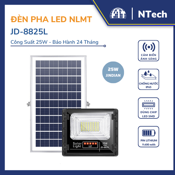 Đèn pha LED năng lượng mặt trời Jindian JD-8825L Công suất 25W