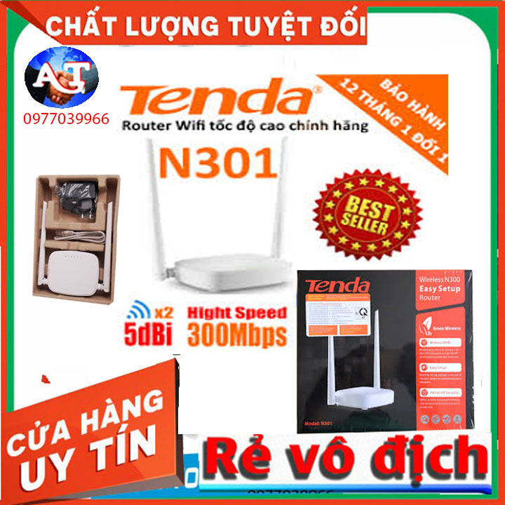 Bộ Phát Sóng Wifi Tenda N301 chuẩn N tốc độ 300Mbps 2 râu