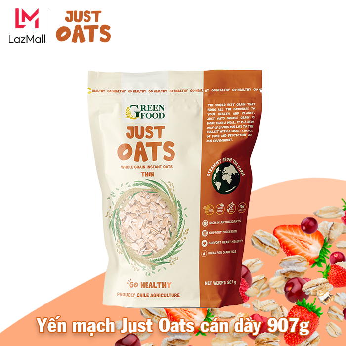 Yến Mạch Chile JUST OATS Green Food nguyên chất ăn liền cán dày, hạt dày cơm, giàu chất xơ, hỗ trợ cho tim mạch, phù hợp cho người giảm cân và bé ăn dặm túi 907g