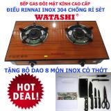 Bếp Gas Đôi Cao Cấp Mặt Kính Cường Lực WATASHI Điếu inox Rinnai WA-944 TẶNG BỘ DAO 8 MÓN