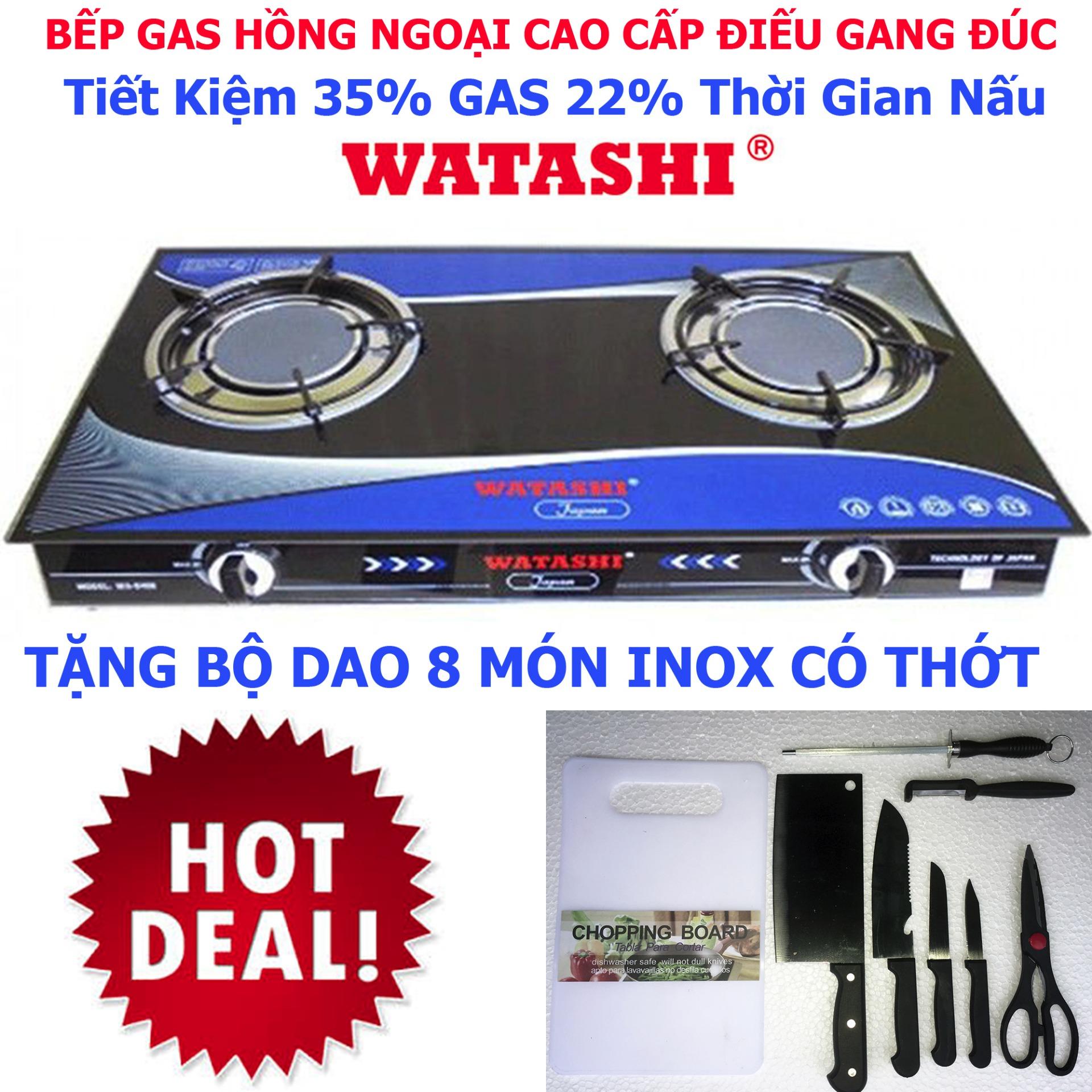 Bếp gas hồng ngoại đôi bếp ga watashi cao cấp 0466 mặt kính cường lực tiết kiệm gas 35% Tặng Bộ DAO INOX 8 Món