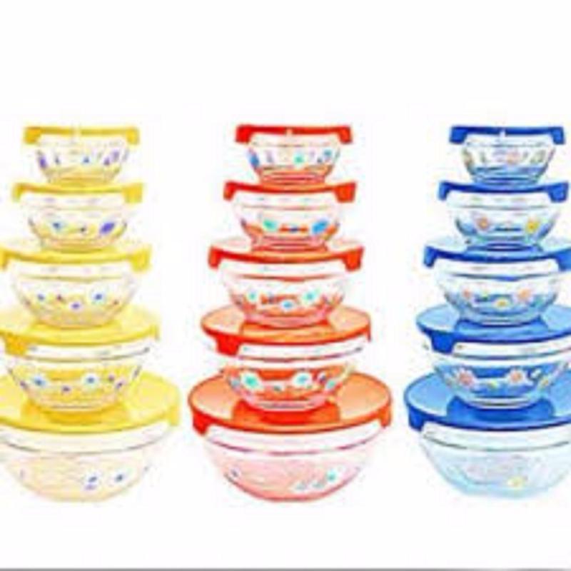 Bộ 5 bát thủy tinh có nắp dùng được trong lò vi sóng ( có hoa)