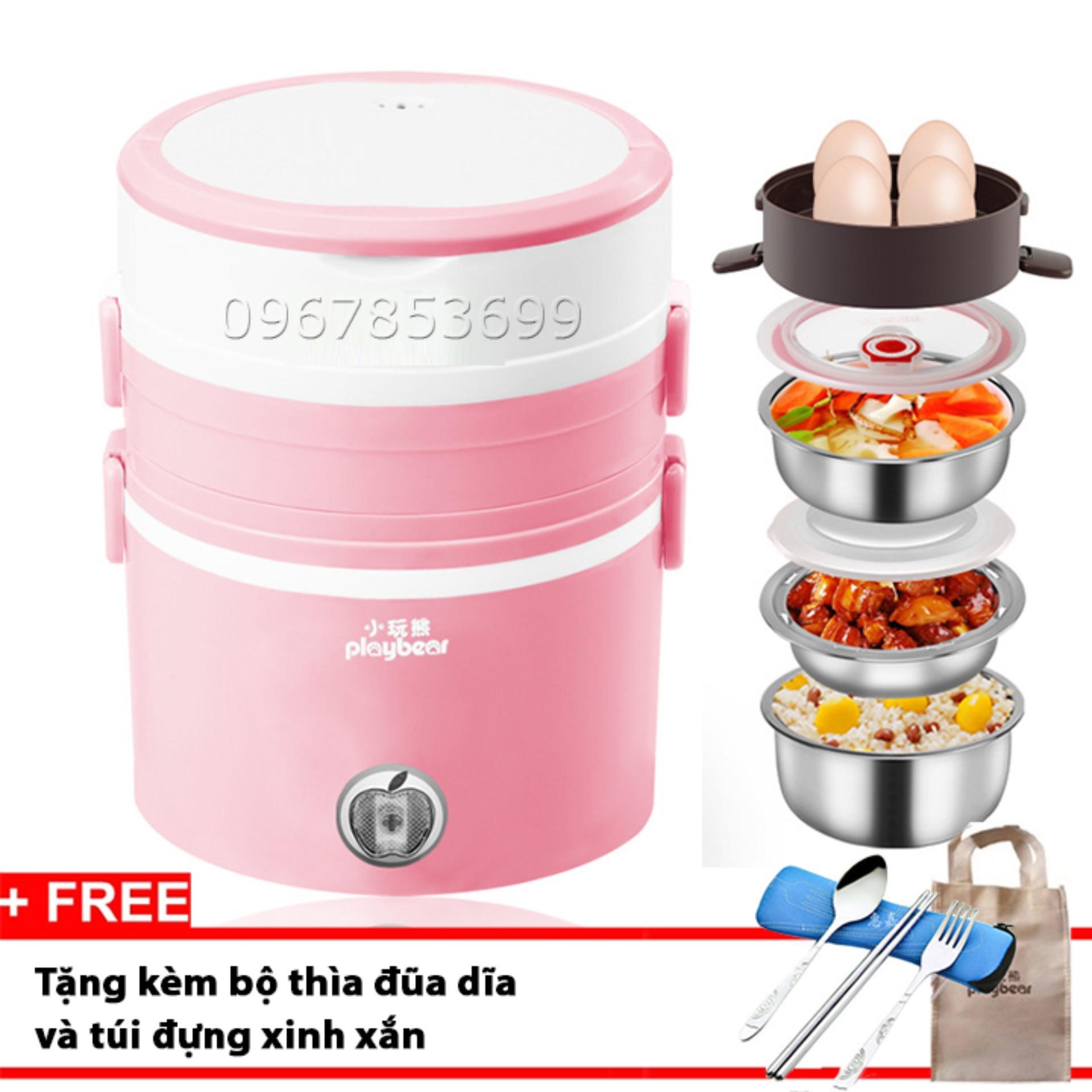 Hộp cơm cắm điện 3 tầng inox cao cấp Playbear 2019