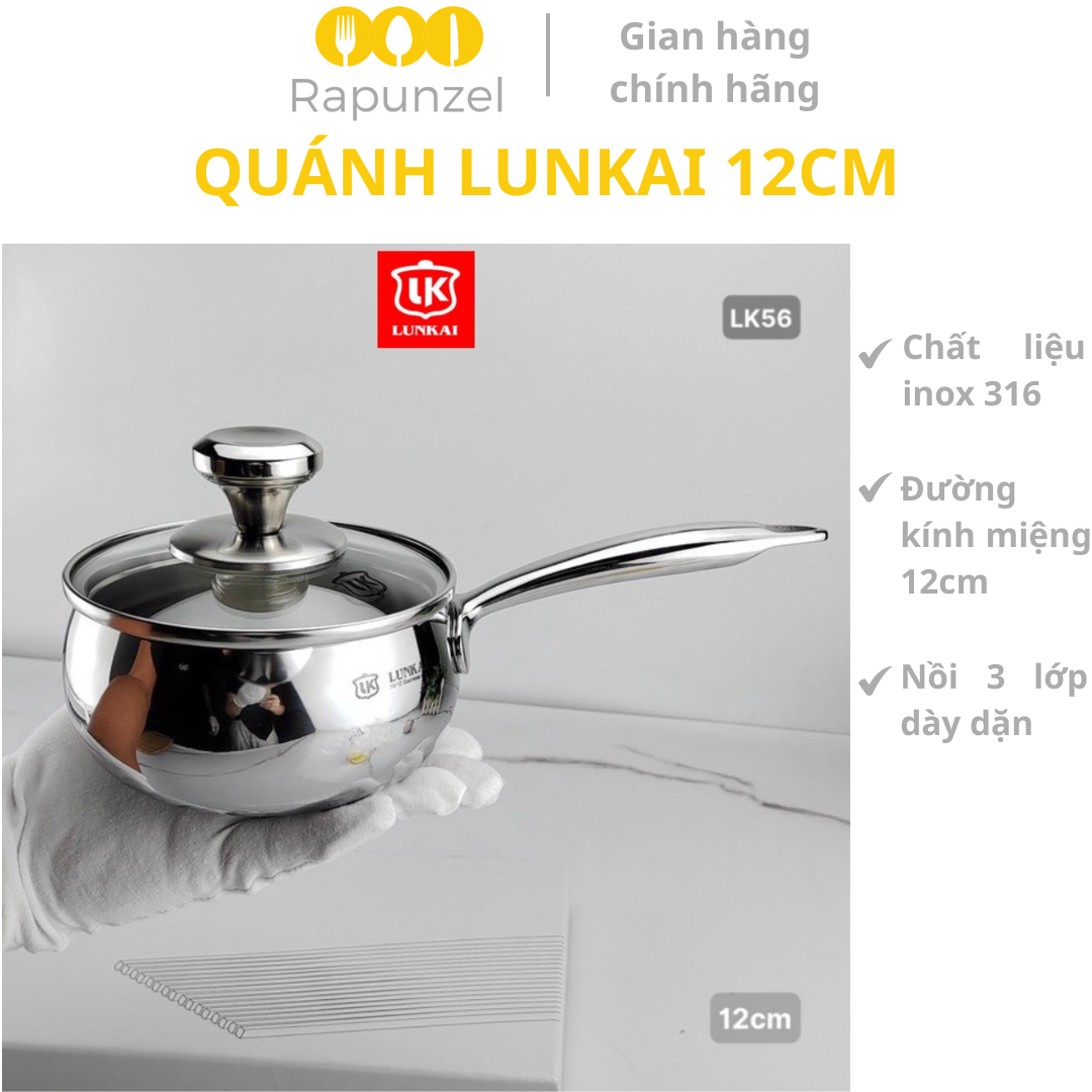 Quánh inox LUNKAI 12 cm, quánh nấu đồ ăn dặm, nồi nhỏ, nổi nấu cháo quánh bếp từ LUNKAI, quánh từ