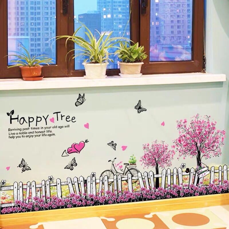 Decal dán chân tường hàng rào hoa tím siêu xinh