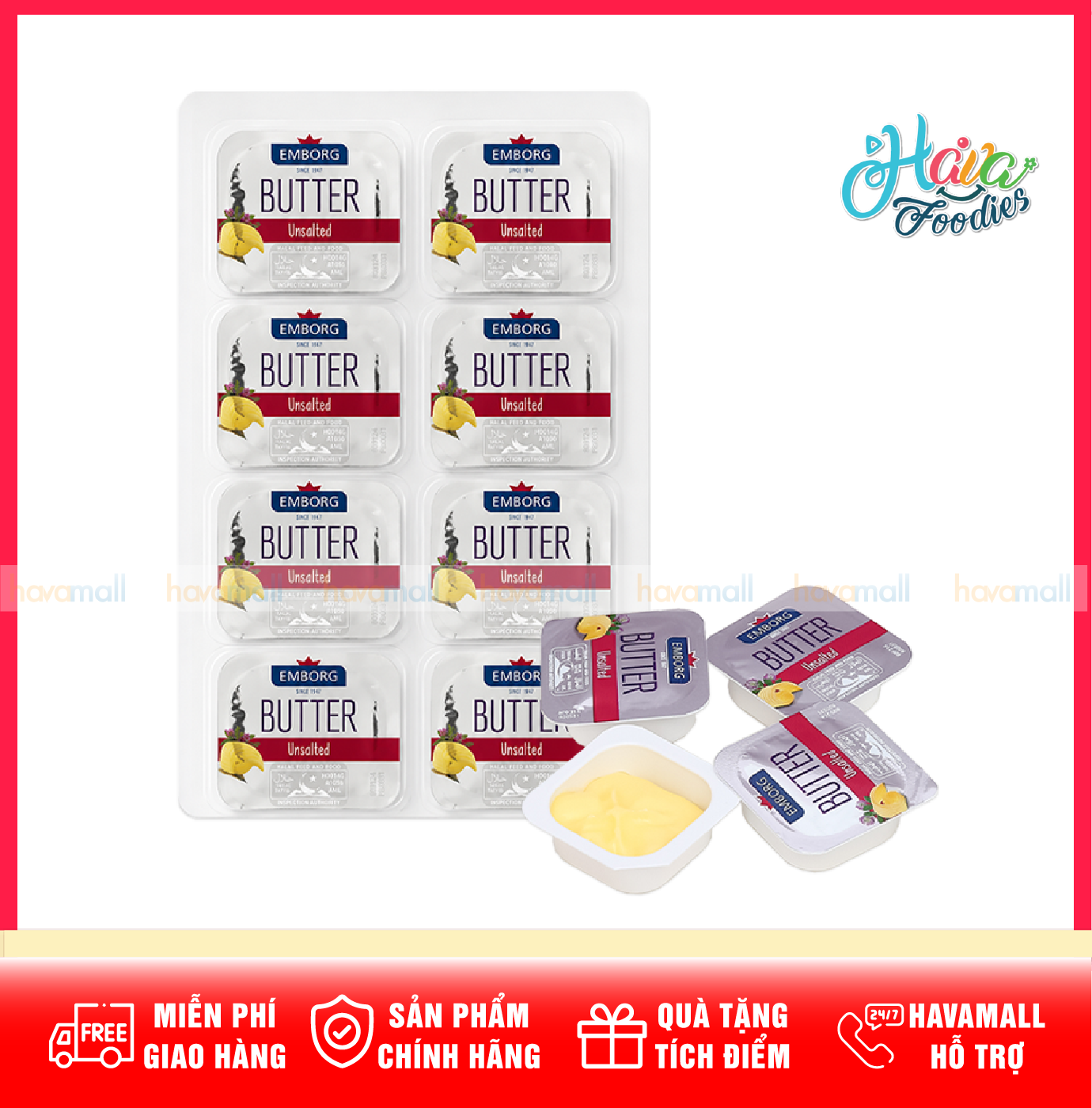 Bơ Lạt Emborg 82% Chất Béo Vỉ 8 Viên × 8g Cao Cấp – Emborg Unsalted Butter Portion 8 Packs × 8g