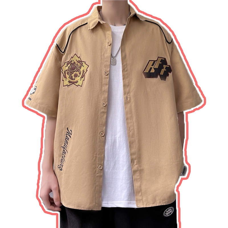 Áo sơ mi nam hàn quốc thể thao đường phố hàn quốc unisex áo sơ mi ngắn tay LOGO huy hiệu thêu cổ điển áo sơ mi kaki