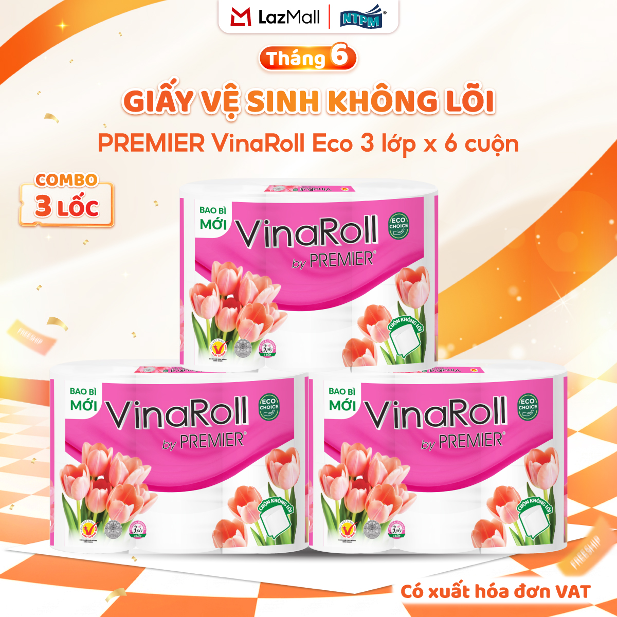 [COMBO 3 LỐC] Giấy vệ sinh PREMIER VinaRoll Eco không lõi, 3 lớp - 1 nguyên chất + 2 tái chế, không chất tẩy, 6 cuộn/lốc - Chính hãng