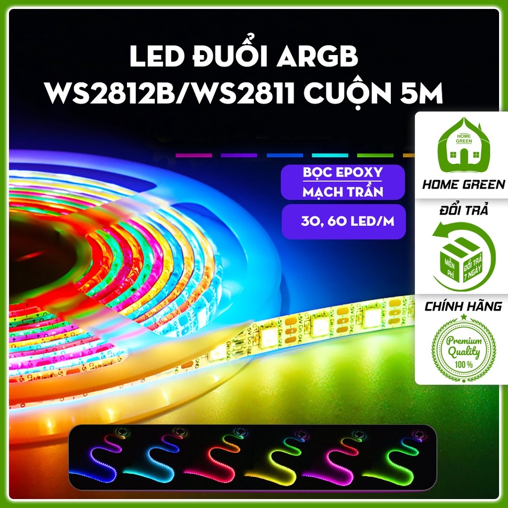 Dây đèn led đuổi argb ws2812b/2811 hiệu ứng sóng nhạc cuộn 5m 30, 60 led/m - cuộn 5m