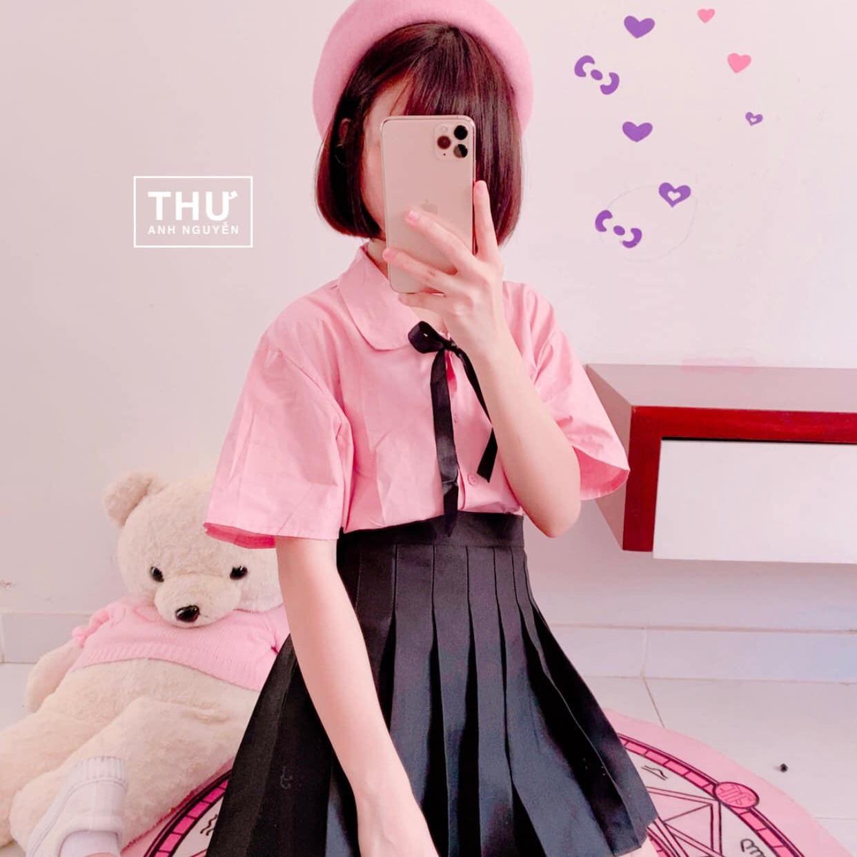 Set ulzzang học sinh áo hồng tay ngắn