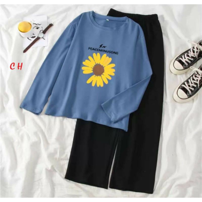 Sét áo suông hoa cúc+ quần ống rộng. Áo thun nam nữ, quần kaki, quần nữ, sét bộ mặc ở nhà, áo thun tay dài, quần jean ống rộng - THE THY