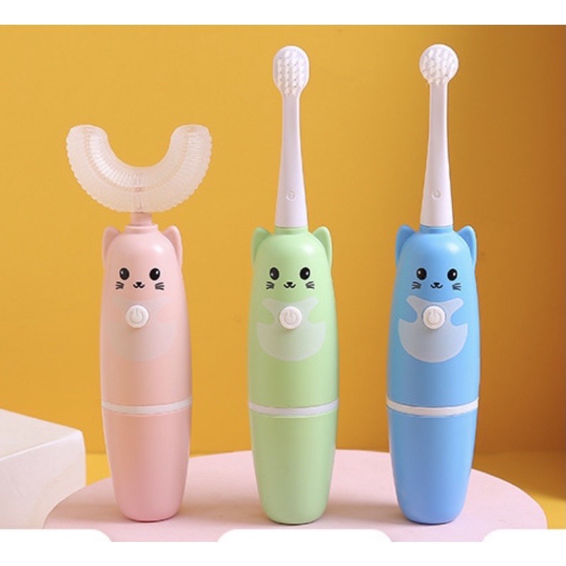Bàn chải đánh răng điện chữ U silicon cho bé chạy pin 3 chức năng