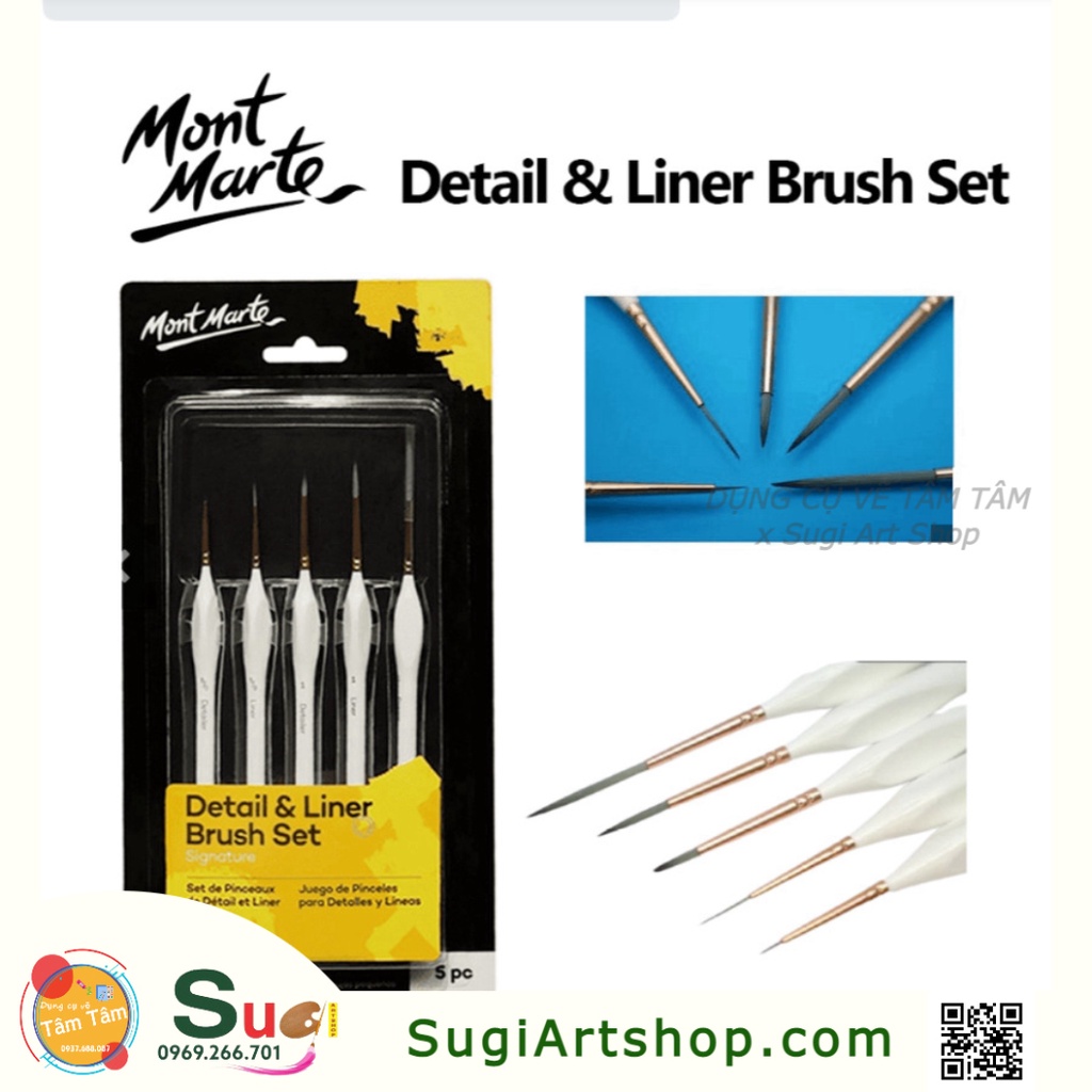 Bộ cọ đi nét và chi tiết mont marte - bộ 5 cây cọ detail & liner mont marte - brush set 5pc - bmh