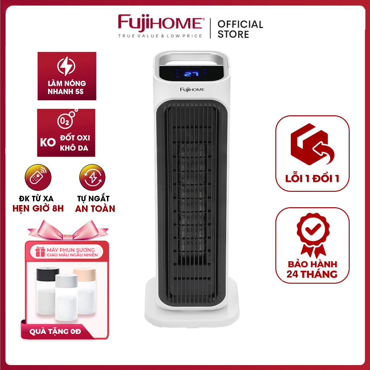 Máy sưởi gốm không khô da FUJIHOME nhập khẩu điều khiển từ xa Quạt sưởi gốm ấm mini Ceramic tự ngắt tiết kiệm điện- Hàng chính hãng