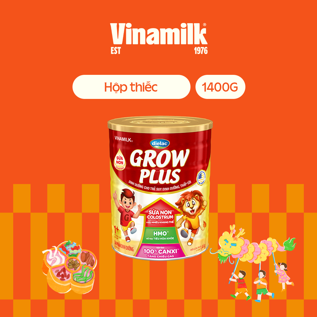Sữa Non Vinamilk Dielac Grow Plus 1+ HT 1400g (Sữa bột cho trẻ từ 1 - 2 tuổi) - Tăng cân cao khỏe, hỗ trợ Trẻ suy dinh dưỡng, thấp còi