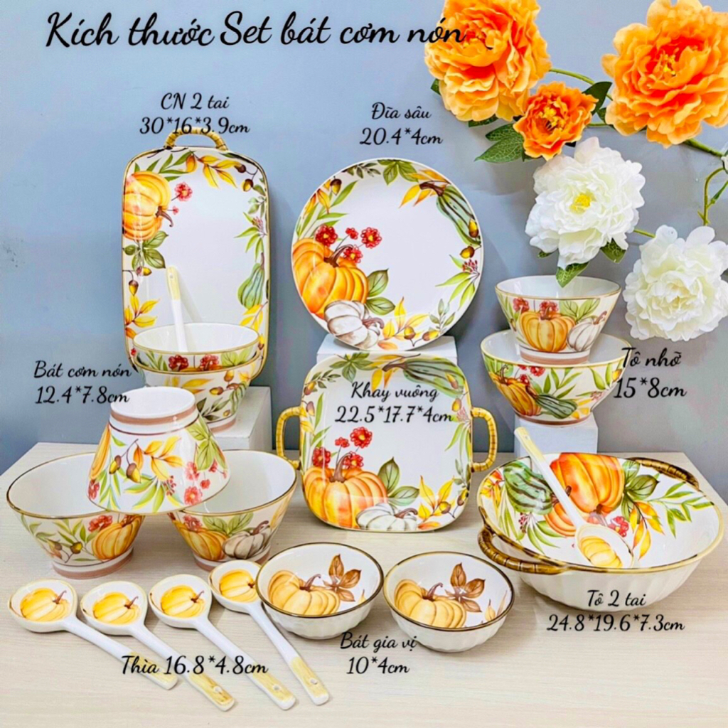 Bát đĩa decor, bát, chén ăn cơm, bộ bát đĩa hoạ tiết bí ngô siêu xinh