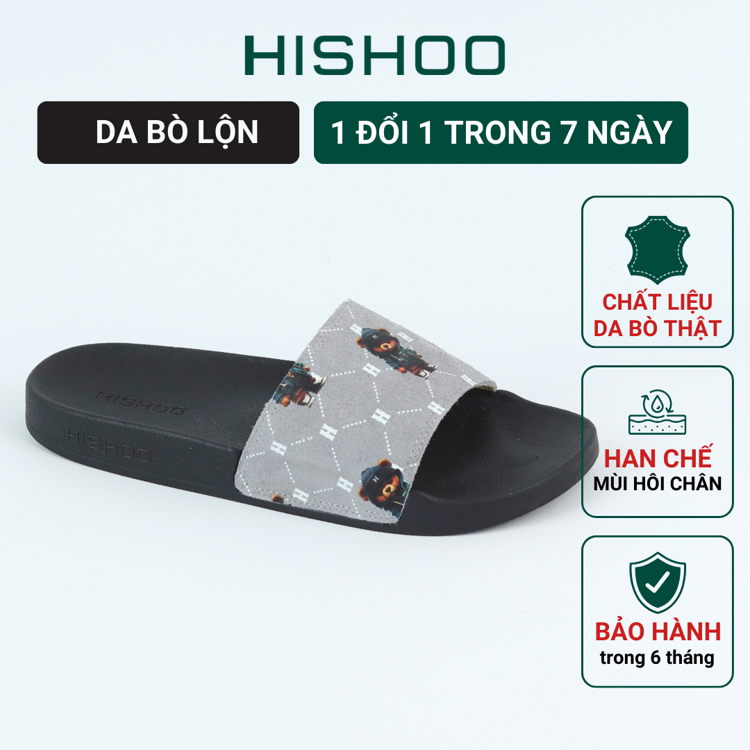 Dép quai ngang slipper cho bé trẻ em BIG SIZE Xám Gấu Bí Lù Monogram cao cấp nam, nữ HISHOO siêu nhẹ da bò 36-45 U113