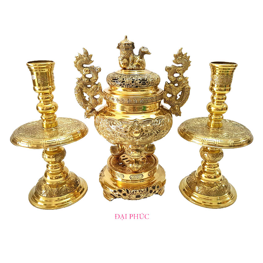 Bộ đồ thờ tam sự dũng thư số 4 cao 56 cm màu vàng sáng bóng