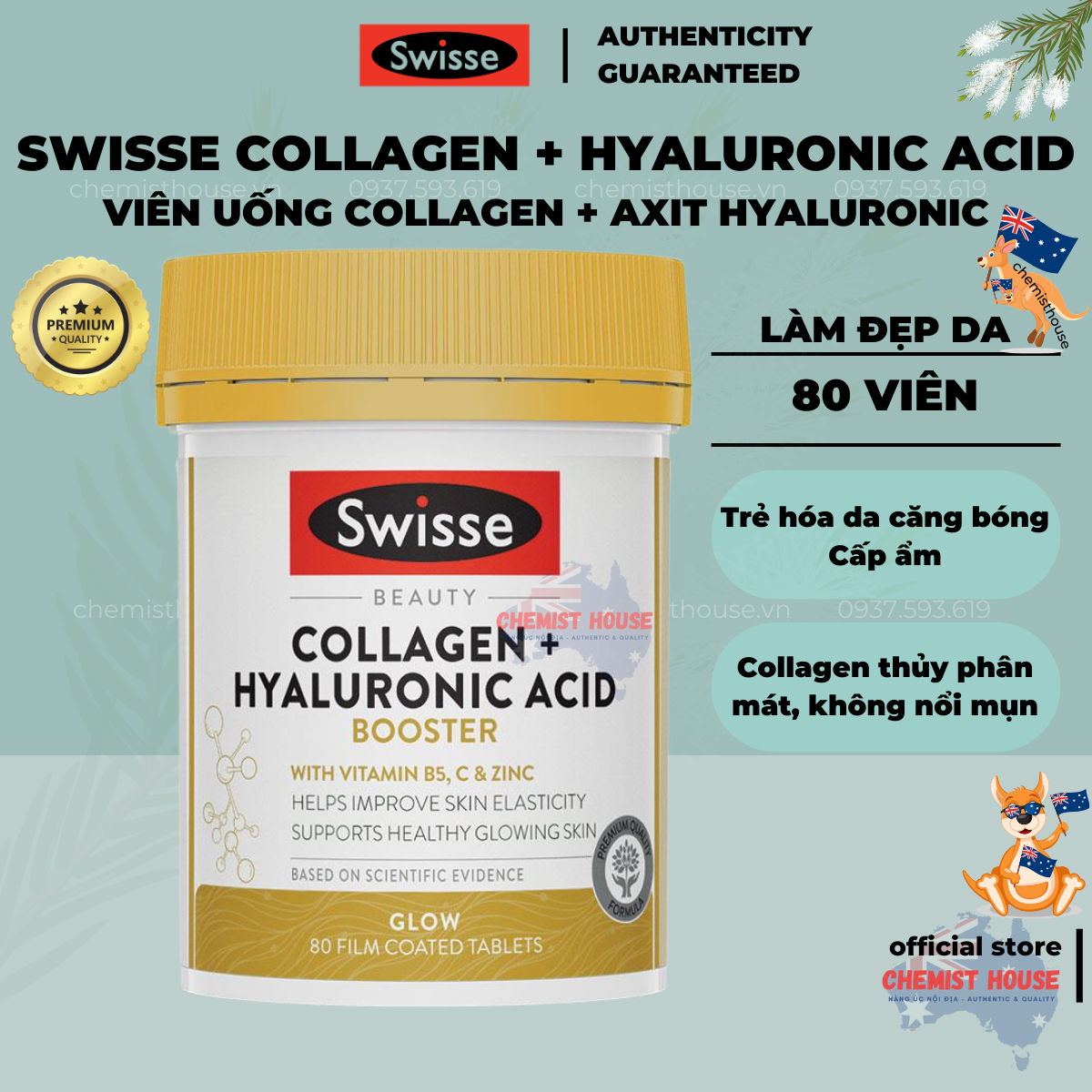 Viên uống Collagen Hyaluronic Acid chuẩn Úc có check QR Swisse Beauty Collagen + Hyaluronic Acid Booster 80 viên