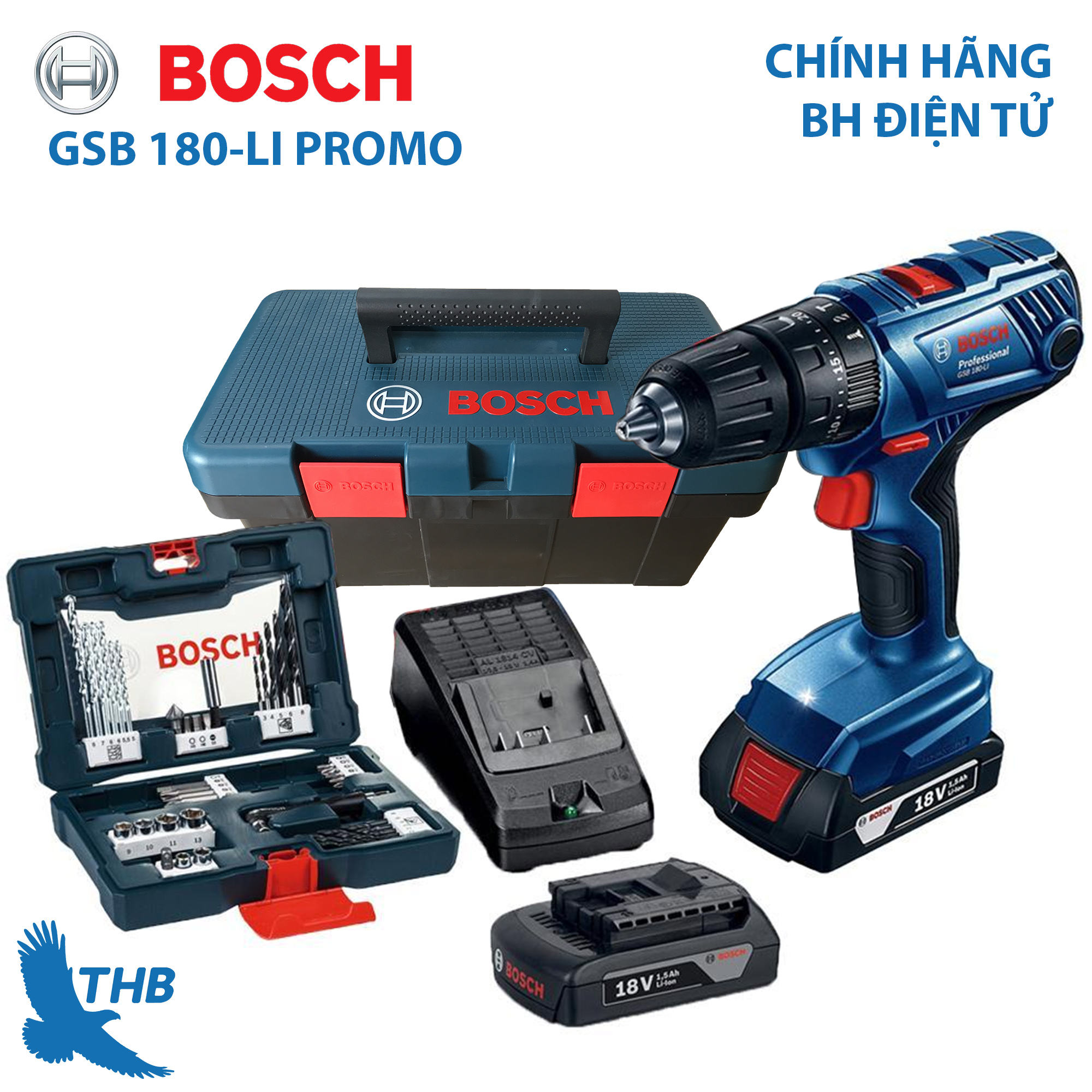 [Trả góp 0%] Máy khoan động lực Máy khoan tường dùng Pin Bosch GSB 180-Li  phụ kiện 41 chi tiết, BH 12 tháng