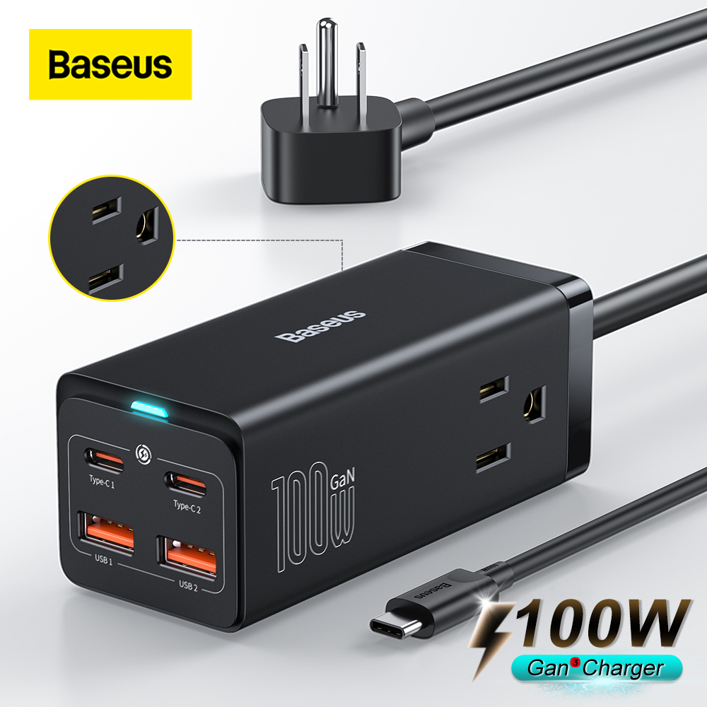 New丨baseus gan3 pro 100w desktop charger 2ac+2 u+2c quick charge 4.0 qc 3.0 pd usb-c type c usb powerstrip fast charging for macbook samsung iphone laptop