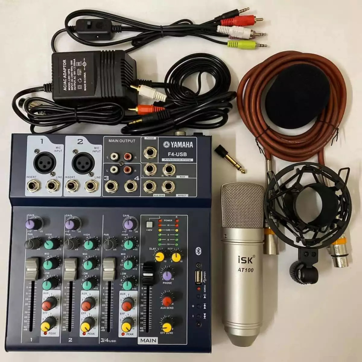 Bộ combo míc thu âm hát karaoke online micro isk at100 bàn trộn âm thanh mixer f4 usb