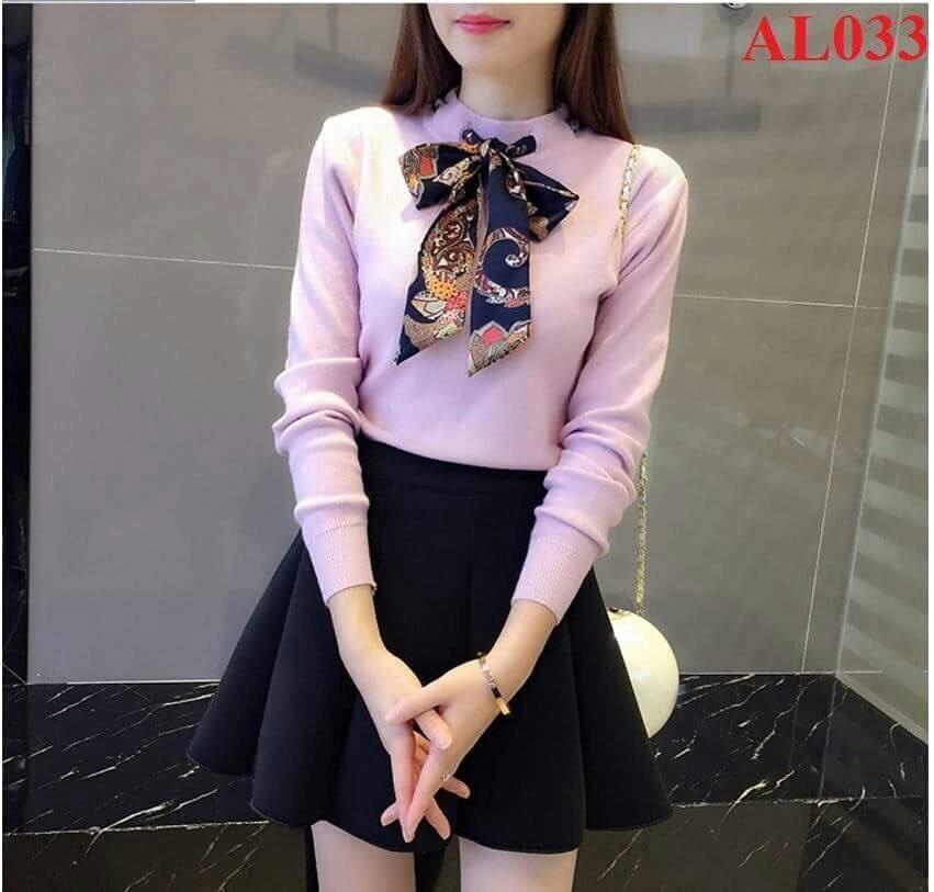 Áo Thun Tay Dài Dáng Trơn Kết Hợp Dây Thắc Nơ Cổ Thời Trang Thu Đông TTSL0184