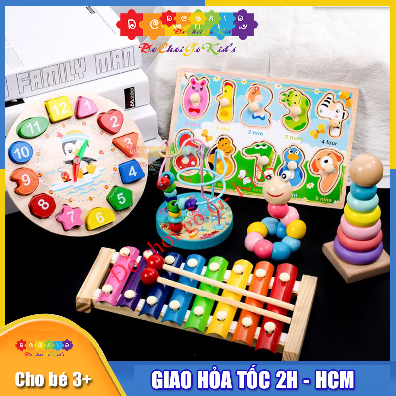 Combo 6 món đồ chơi gỗ cho bé- luồn hạt, sâu gỗ, tháp cầu vồng, đàn gỗ, đồng hồ sâu hạt, bảng núm gỗ, đồ chơi thông minh, đồ chơi gỗ cho bé, đồ chơi g-kids