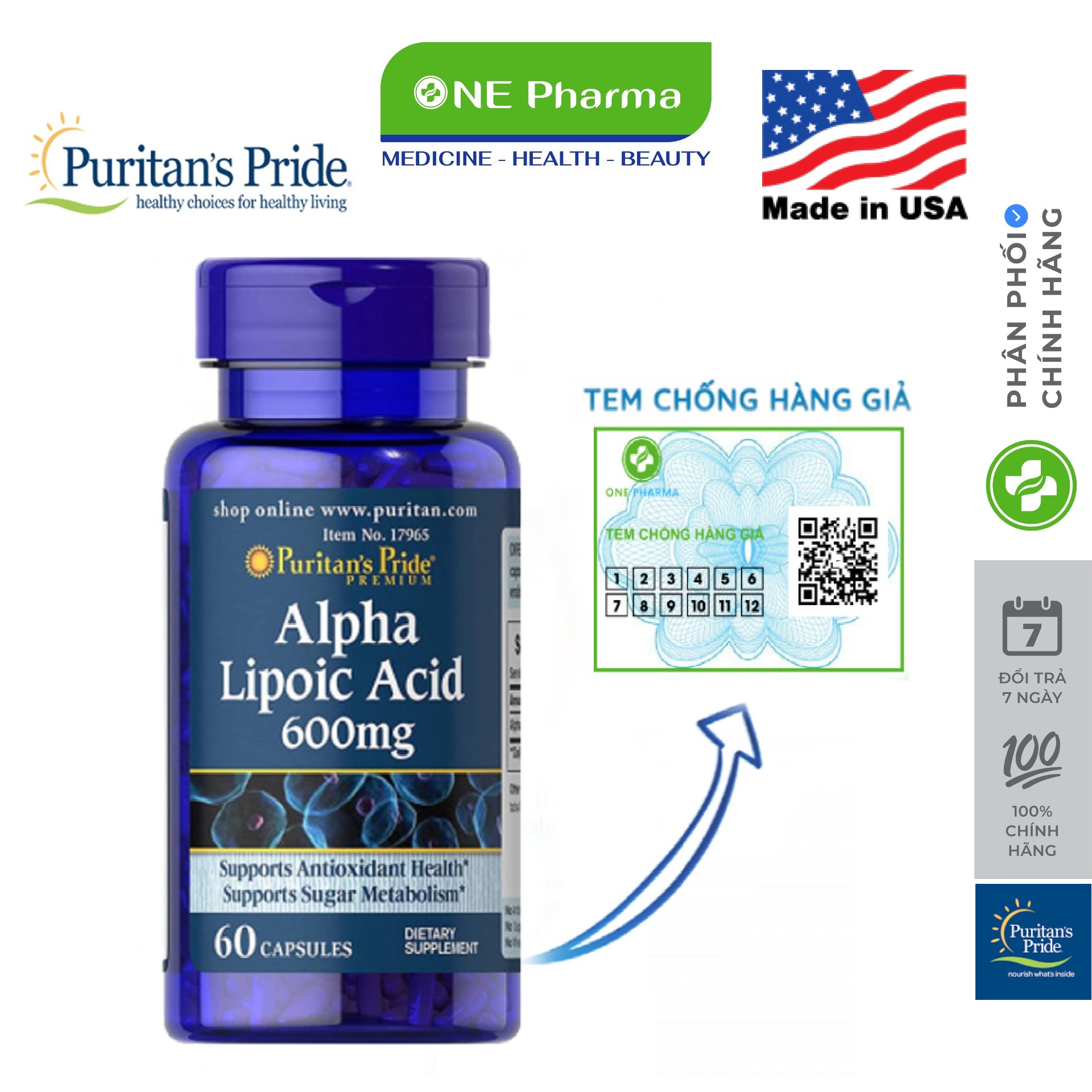 Viên uống chống lão hóa, tàn nhang Puritan’s Pride Alpha Lipoic Acid 600mg 60 viên