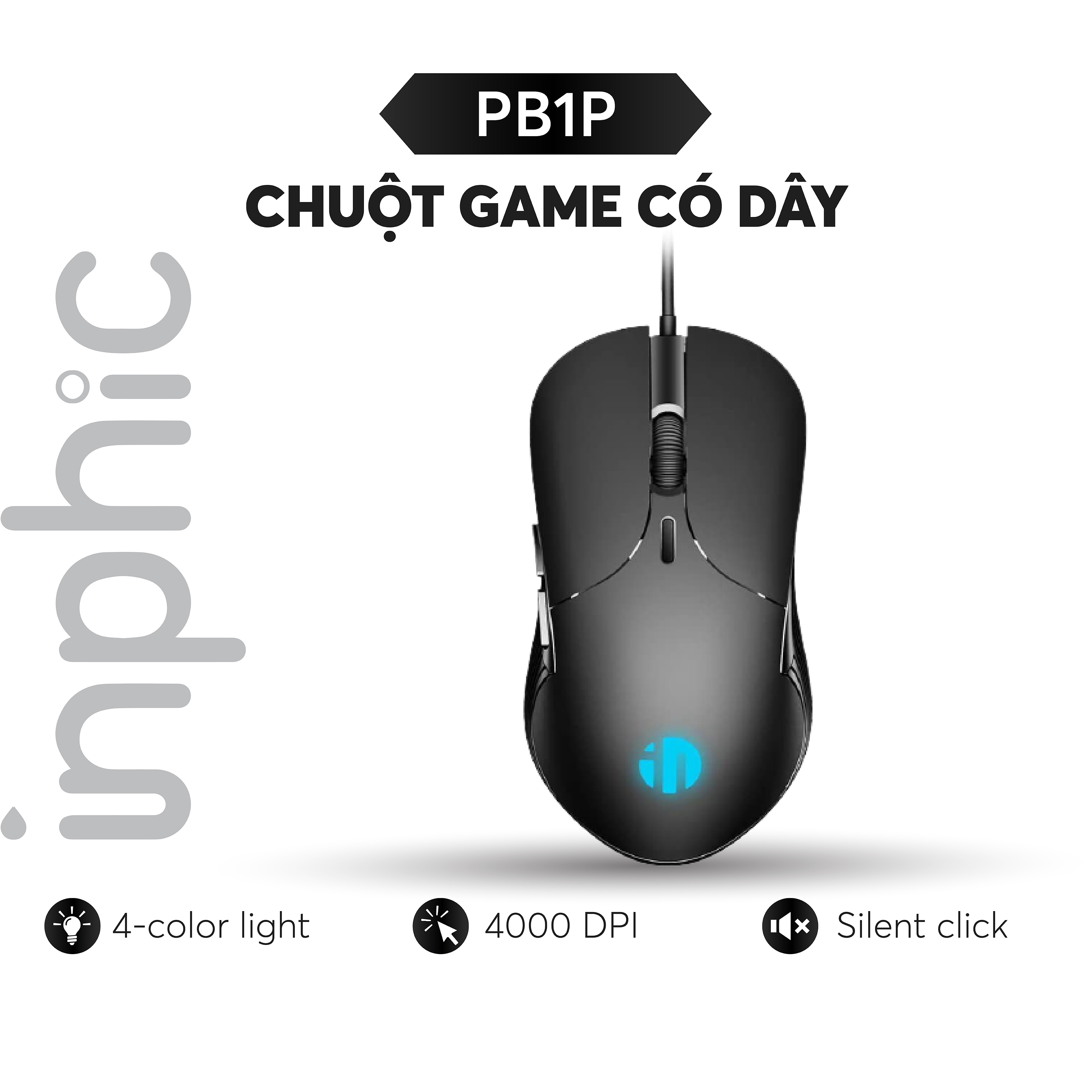 Chuột Chơi Game INPHIC PB1P Có Dây 6 Nút 4000 DPI Tùy Chỉnh Dùng Cho Game Thủ Chuyên Nghiệp - Chính Hãng
