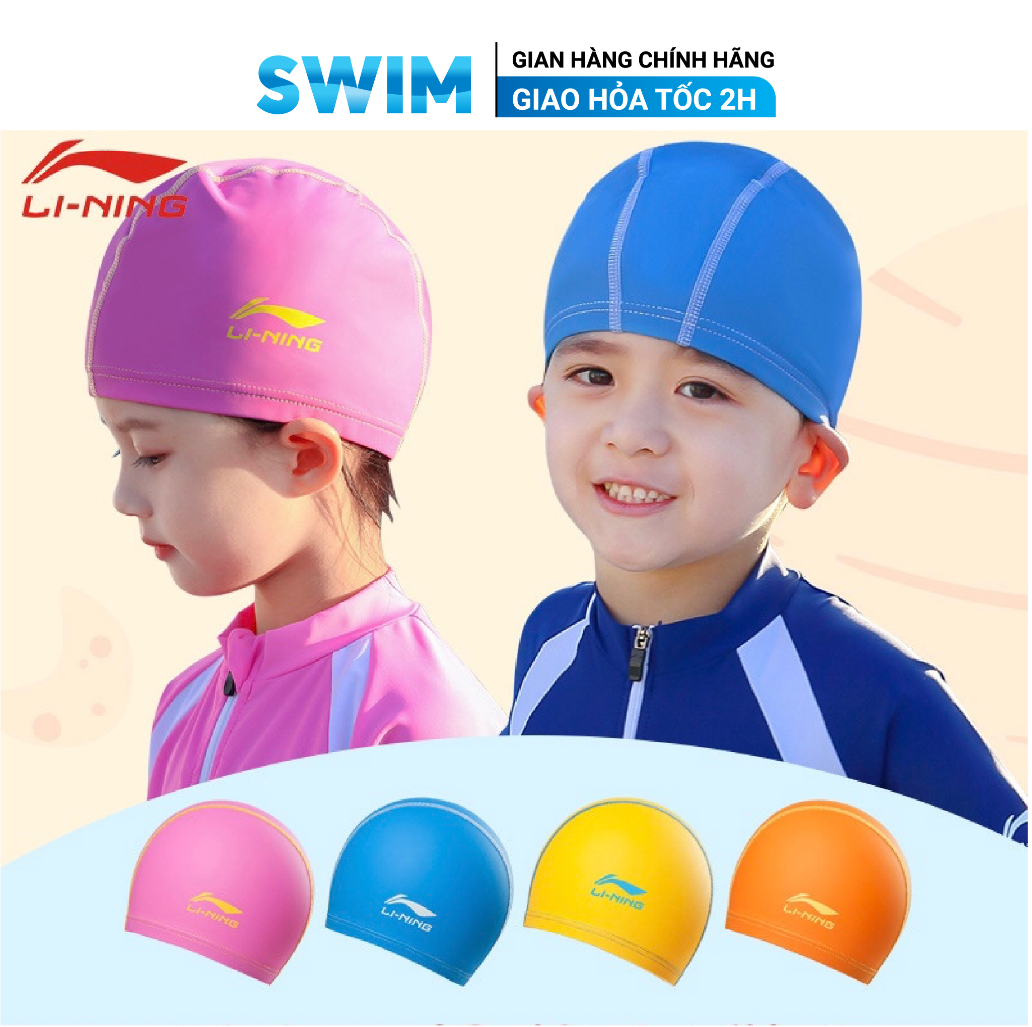 Mũ bơi trẻ em li-ning vải pu chống nước mũ bơi lining cho bé mũ bơi cho bé lining mũ bơi pu trẻ em mũ bơi vải