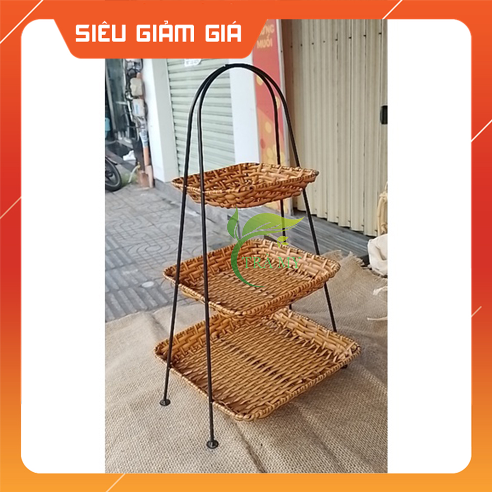 Kệ dĩa vuông 3 tầng khung sắt nhựa đan giả mây bền chắc đựng bánh kẹo trái cây trang trí