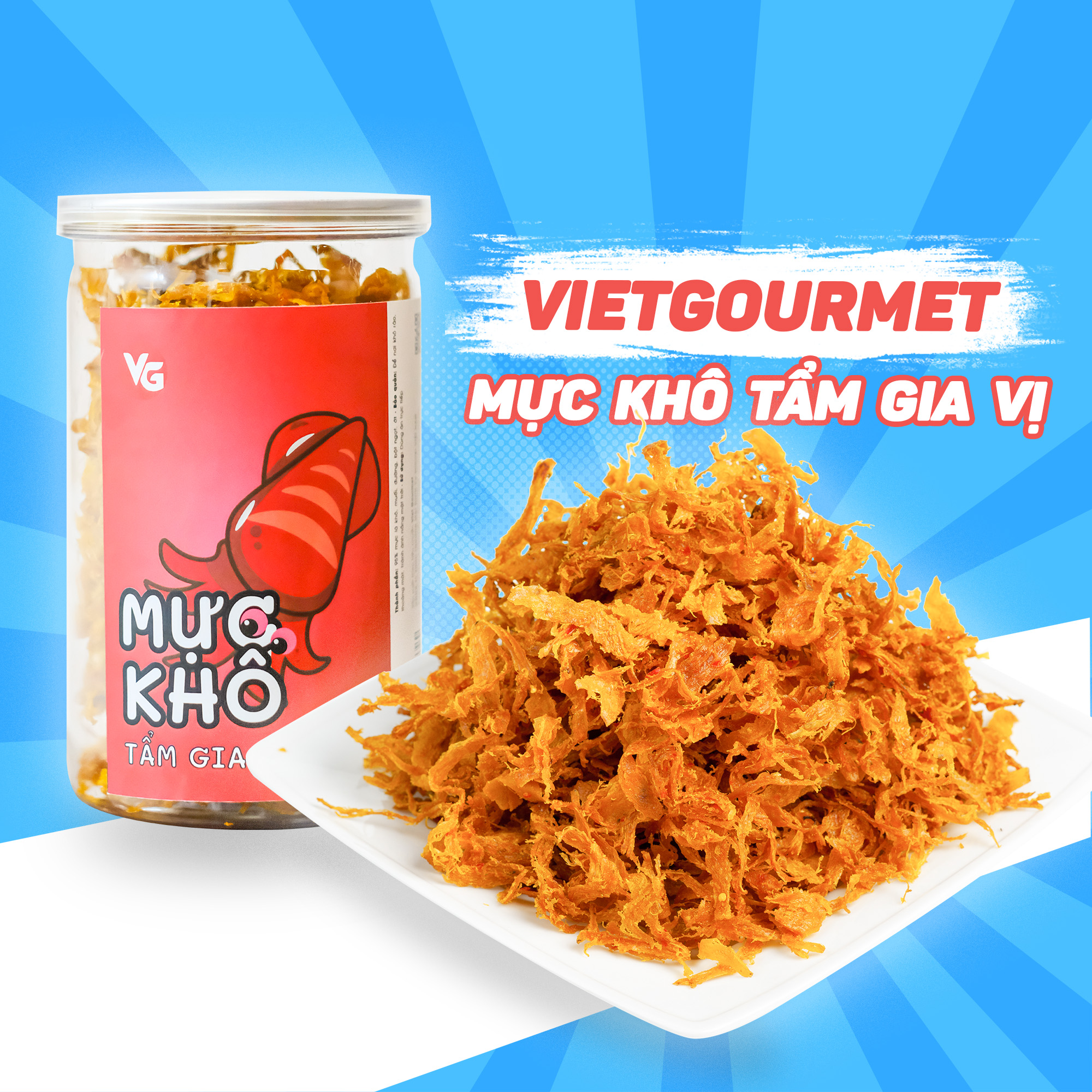Mực khô xé sợi tẩm gia vị hộp 200g ăn liền Viegourmet, đặc sản Miền Trung, đồ ăn vặt siêu ngon