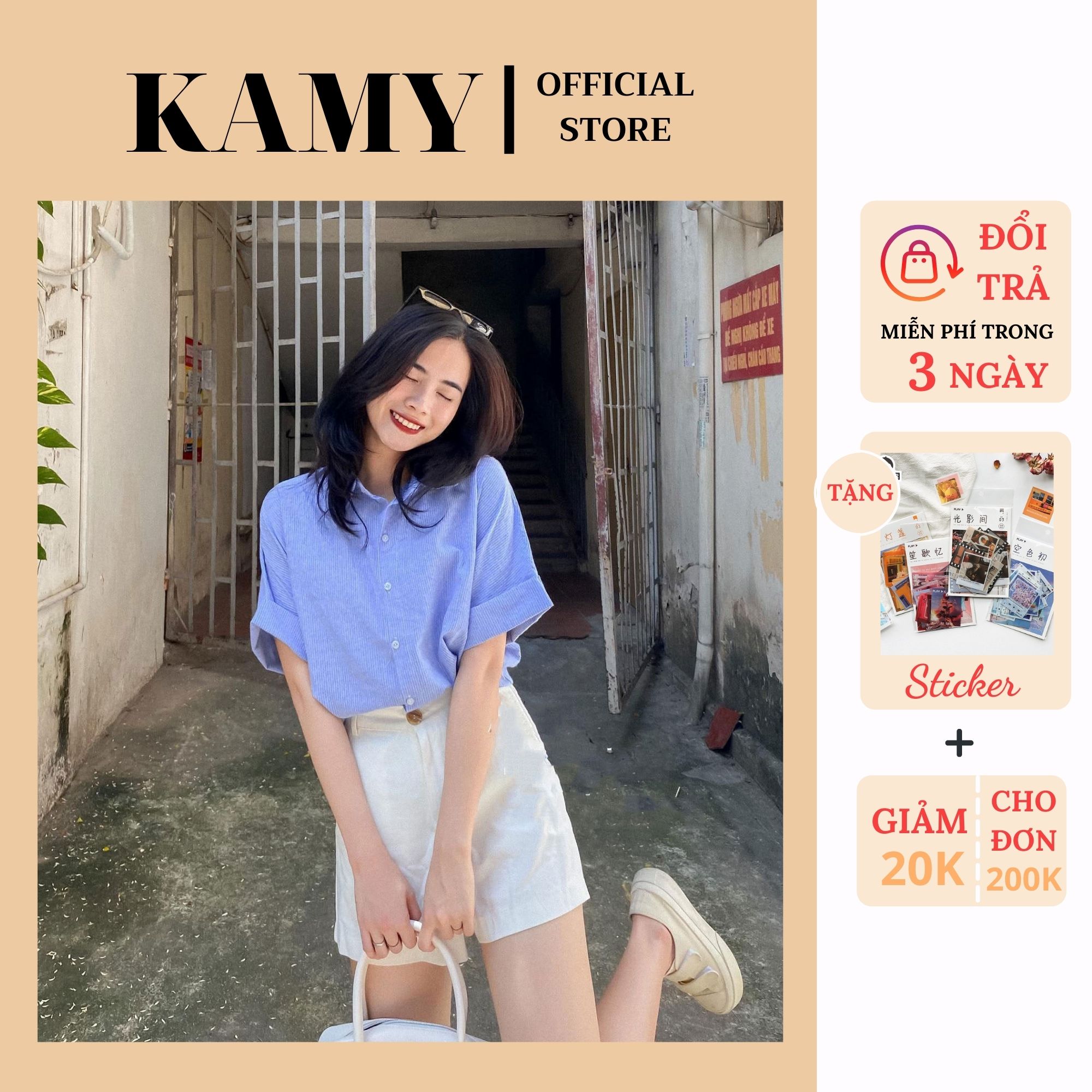 Áo sơ mi nữ cúc lưng tay lỡ kẻ sọc xanh , sơ mi nữ tay ngắn freesize phong cách ulzzang Kamy Clothes