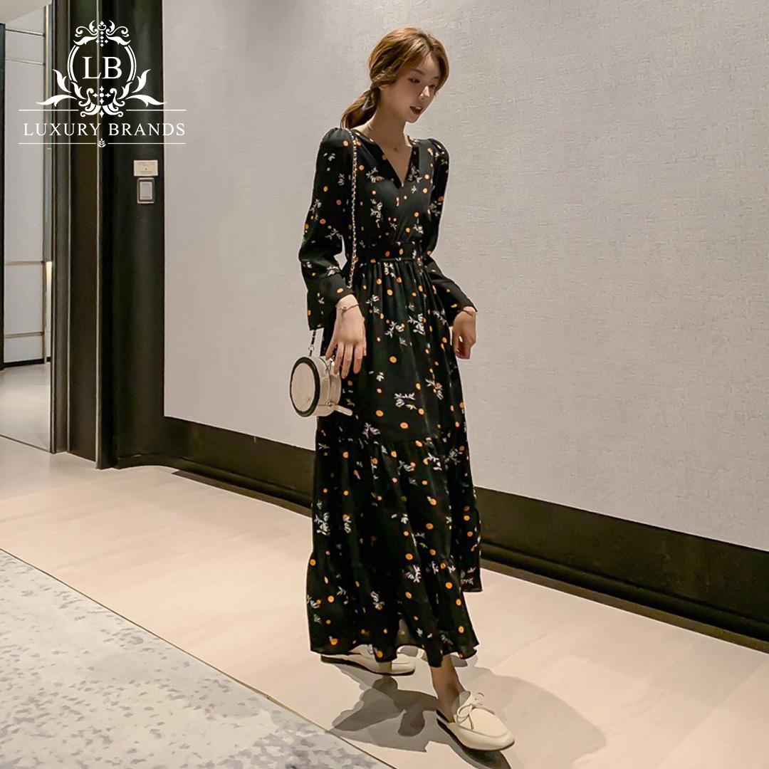 Váy đầm midi hoa nhí dài tay cổ tàu sơ mi tiểu thư eo chun ống tay loe bánh bèo thu đông ulzzang Hàn Quốc l1