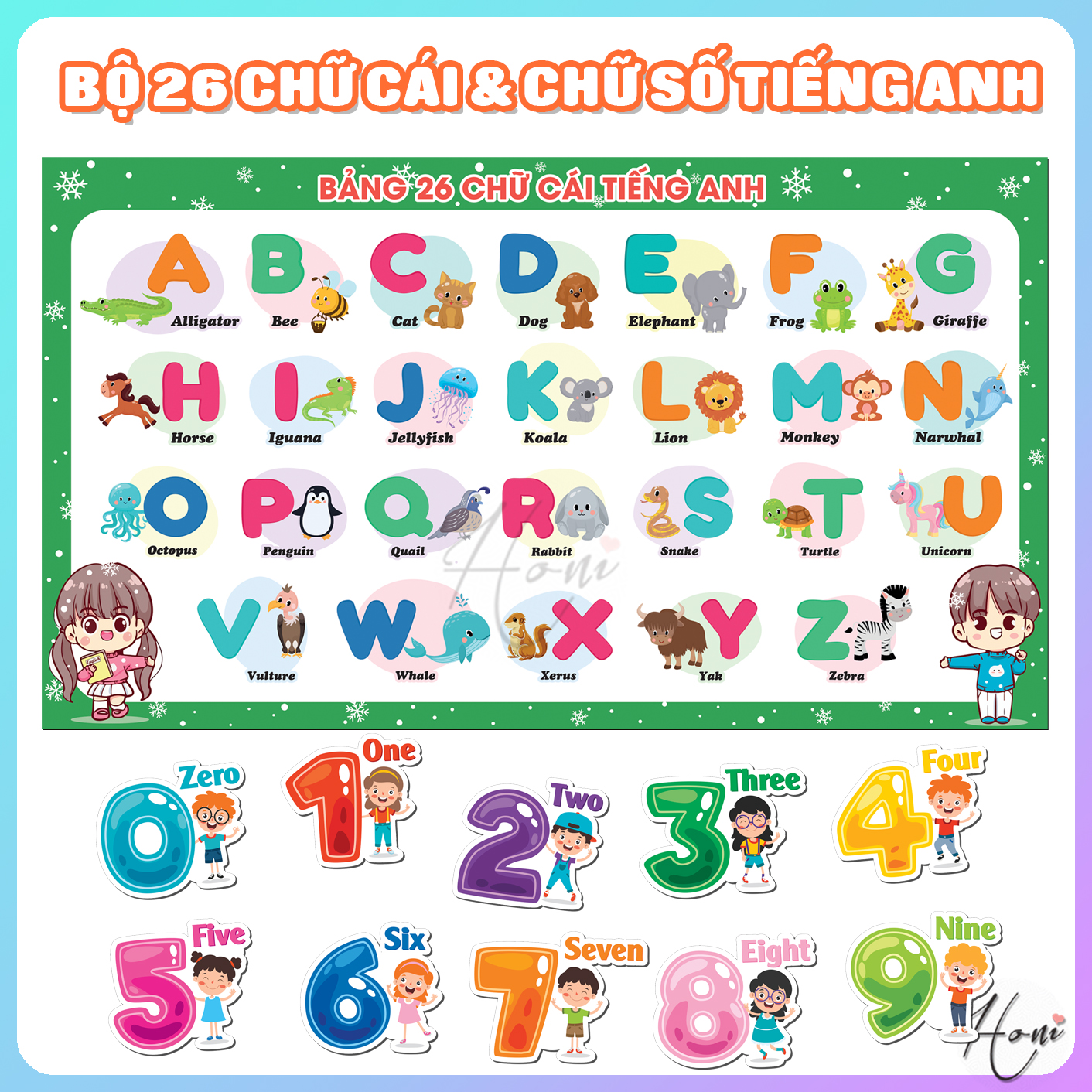 Bộ decal bảng 26 chữ cái tiếng anh và chữ số tiếng anh dán tường