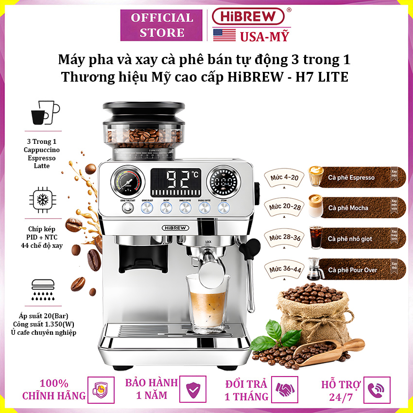 Máy pha và xay cà phê bán tự động 44 chế độ xay thương hiệu Mỹ cao cấp HiBREW H7 LITE - Áp suất 20bar - Bảo hành 12 tháng