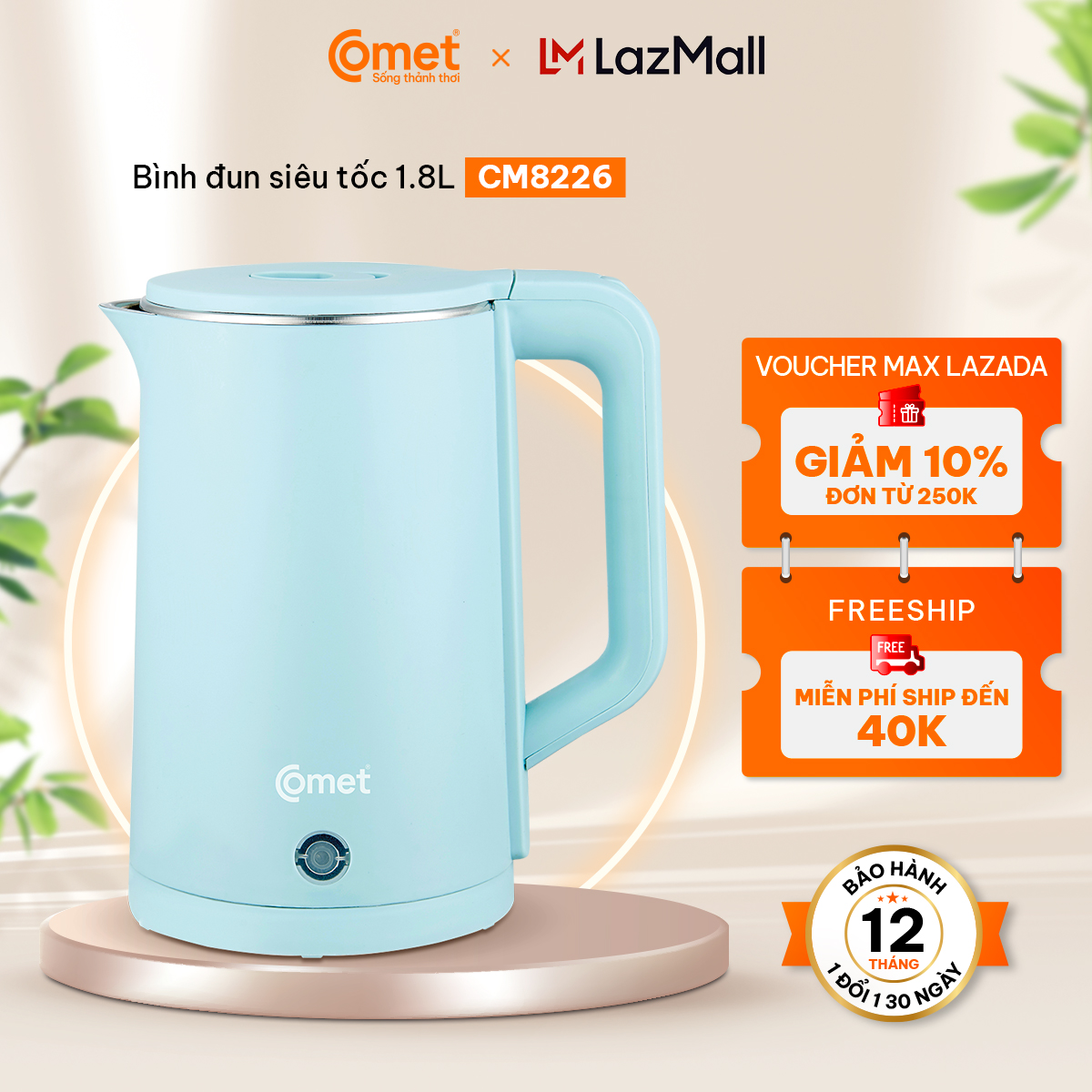 Bình đun siêu tốc 2 lớp cách nhiệt 1.8L COMET CM8226, công suất 1500W, dây nguồn rời lõi đồng an toàn sử dụng, chế độ ngắt điện tự động - Hàng chính hãng - Bảo hành 12 tháng