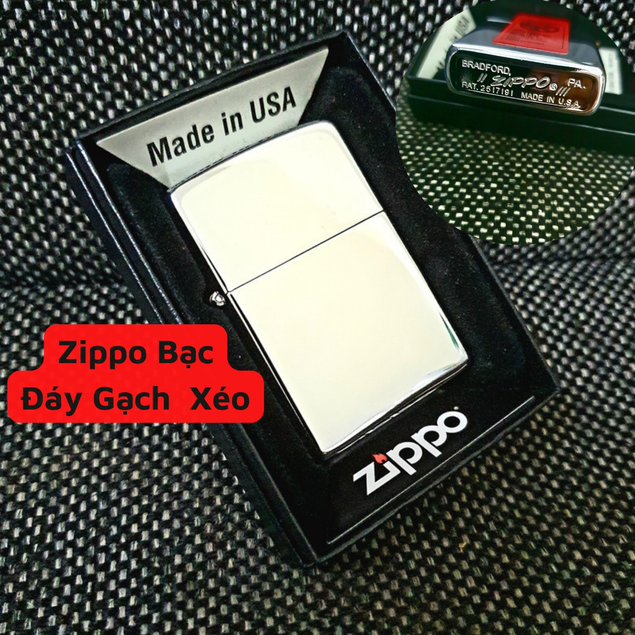 ( Chính Hãng ) Bật Lửa Zippo Bạc Bóng Đáy Ngược Chữ Xéo Năm 1977 ( Tặng Xăng Mini + Đá Bấc ) Hột Quẹt Xăng Đá Zippo