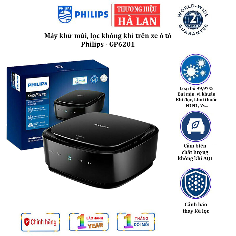 Máy khử mùi lọc không khí trên xe ô tô thương hiệu hà lan philips gp6201, lọc thông qua các lớp hepa và hesa.