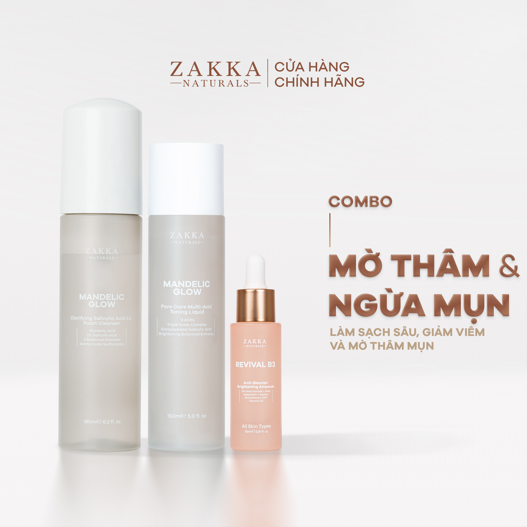 Bộ Ba Zakka Naturals Sữa Rửa Mặt Mandelic 185ml Toner Mandelic 150ml Và Serum B3 15ml Sáng Da Hạn Chế Mụn