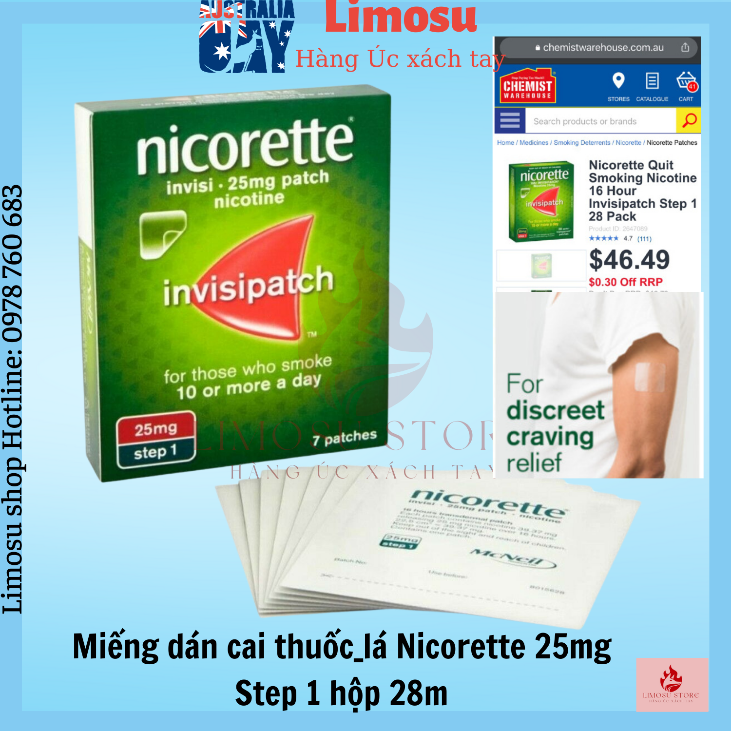 Miếng dán cai thuốc lá, thuốc lào Nicorette 25mg Step 1 hộp 7 miếng (date 2027)