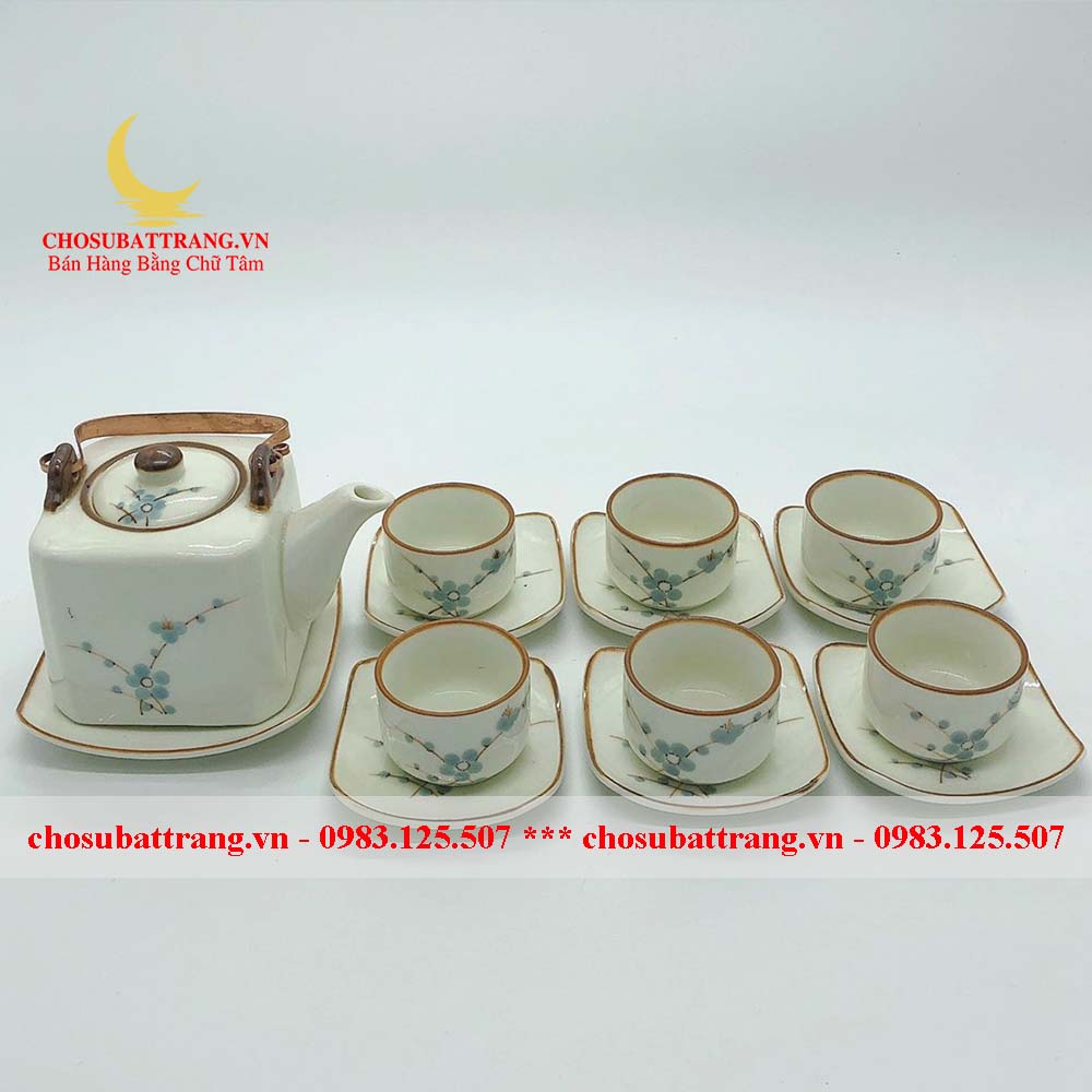 Bộ ấm chén men kem vuông - vẽ hoa mai