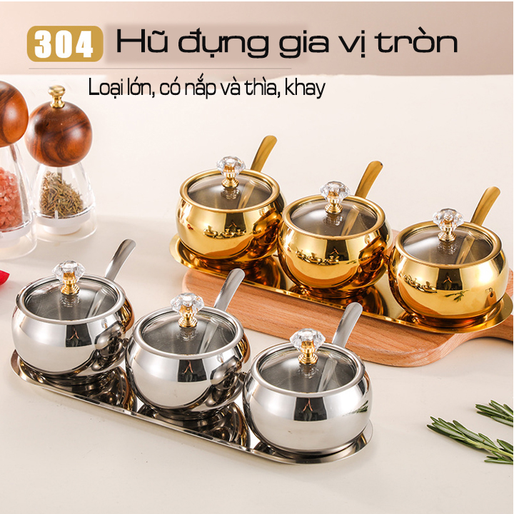 Lọ gia vị Inox 304, Thép không gỉ, khay với thìa nắp, nhà bếp theo kiểu Hàn Quốc. Bộ gồm 3 hũ, 3 thìa và 1 khay.