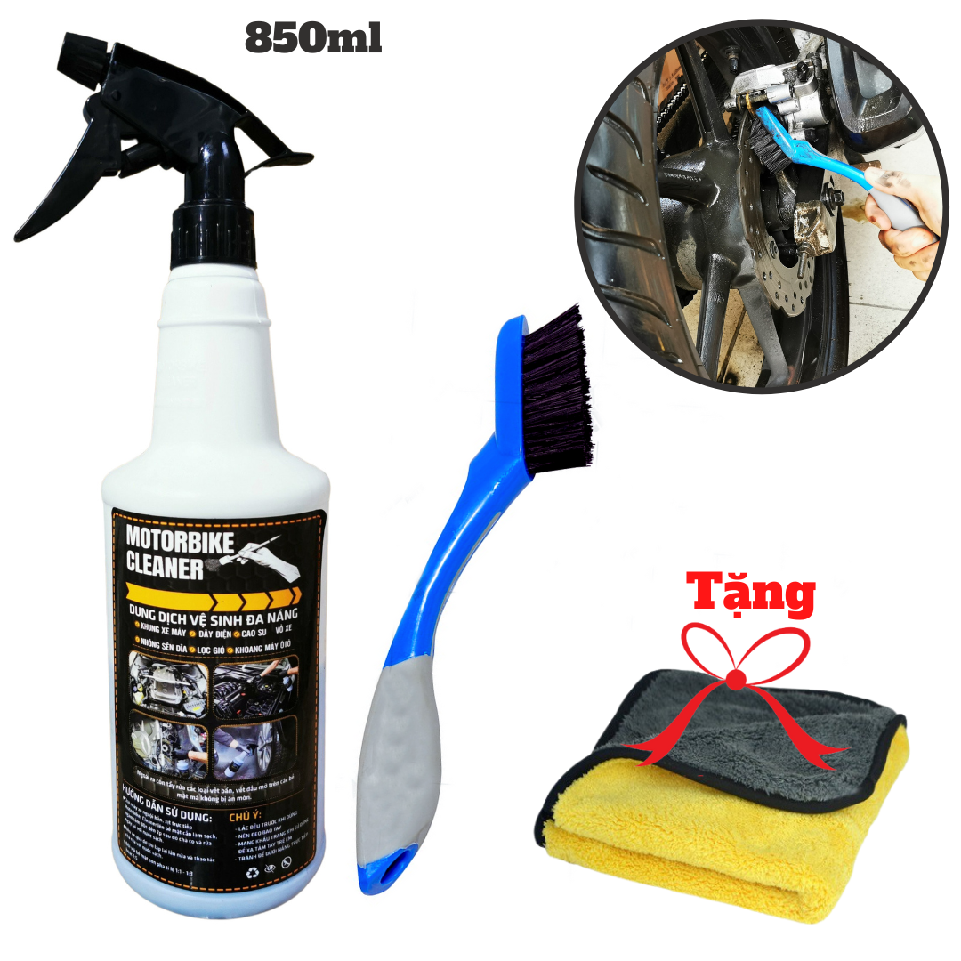 Combo Dung Dịch Tẩy Đa Năng Siêu Sạch Motorbike Cleaner Kèm Bàn Chải