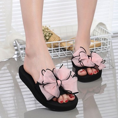 Dép lê đế xuồng gắn nơ voan/ dép nữ quai ngang đế xuồng 3cm
